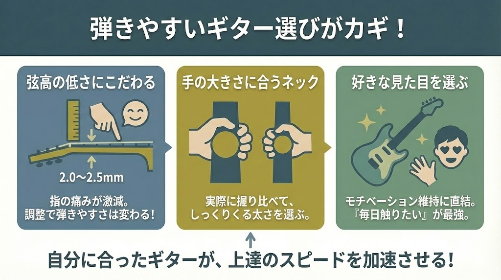 弾きやすいギター選びが上達のスピードを左右する？